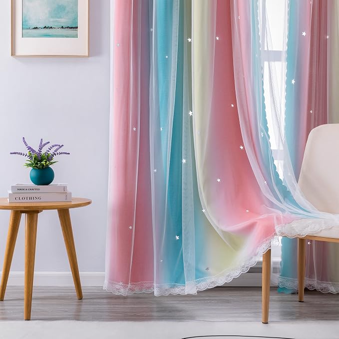XiDi Curtains for Bedroom Decor, Rainbow Pink-Blue-52-45