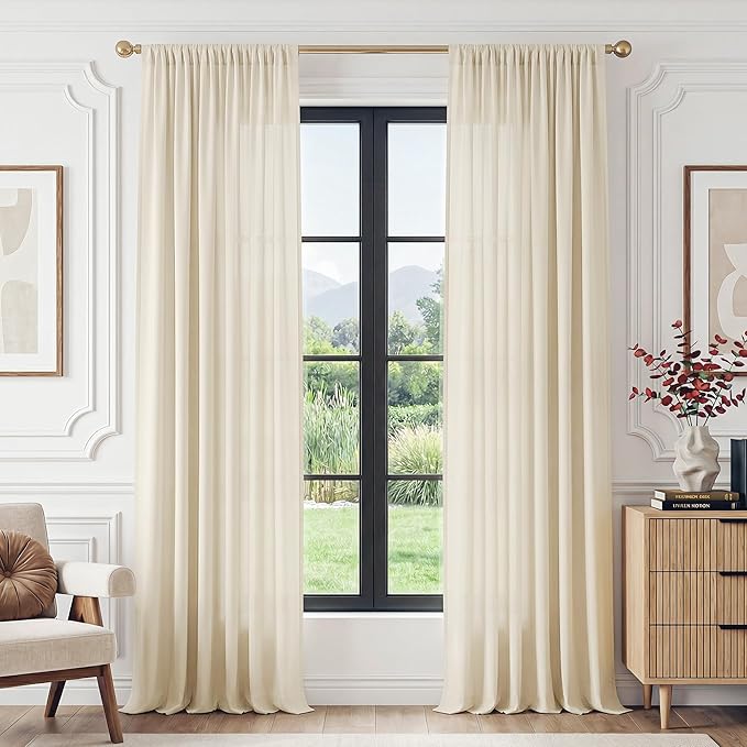 FMFUNCTEX Sheer Non-See-Through Butter Cream Curtains for Bedroom, Faux Silk That Let Light Curtains 54 inches Long Light Filtering Privacy Sheer Window Drapes for Living Room, Rod Pocket 2 Panels Set