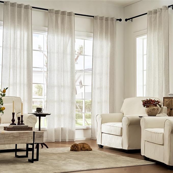 jinchan Linen Curtains 84 Inch Taupe Grey Stripe on Beige Back Tab 2 Panels | Curtains For Living Room Bedroom,Ticking Stripe, Farmhouse Cottage Core Rustic,Rod Pocket Window Treatment,Light Filtering