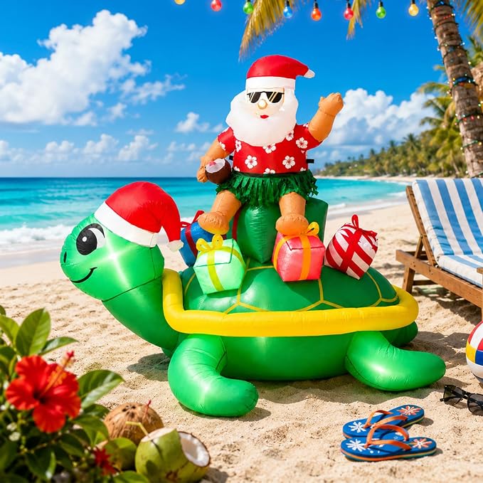 Leyndo Christmas in July Inflatable,6 ft Huge Christmas Inflatables Santa Claus Ride on Sea Turtle,Built-in LED Xmas Blow up Yard Decorations for Holiday Party Lawn Beach Supplies