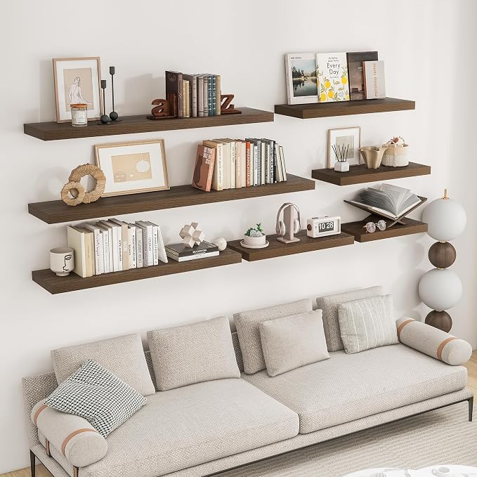 RICHFOCUS 72Inch Floating Shelves for Wall 2 Pack Shelves for Bedroom|Kitchen|Bathroom Wall Mounted Rustic Wood Floating Shelf with Invisible Brackets for Books|Storage|Decor, Walnut