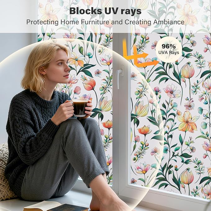 Donox Window Privacy Film, Frosted Stained Glass Window Films, Static Cling Non-Adhesive Decorative Windows Sticker for Front Door Bathroom, Heat Control Anti UV(23.6 x 157.4 inches)