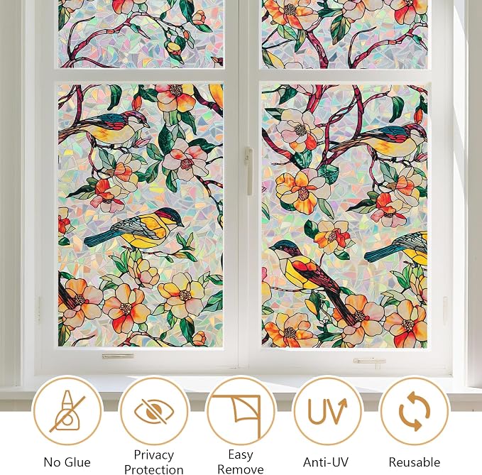 Kromapolis Window Privacy Film, Stained Glass Sticker Floral Window Clings, Decorative Static Clings UV Blocking Colorful Decals, Removable Vinyl Covering Rainbow Camellia, 29.5'' x 157.4''