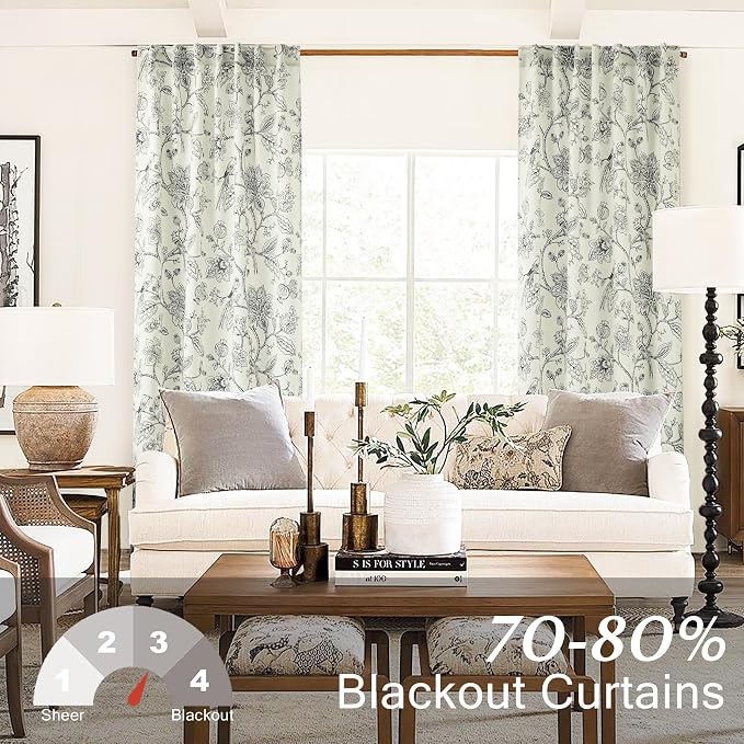 Black and Cream White Curtains for Laundry Room Office Windows, Toile Floral Botanical Semi Blackout Modern Farmhouse Curtains for Breakfast Nook Bedroom, 50 Inch Wide x 63 Inch Length 2 Panels Set