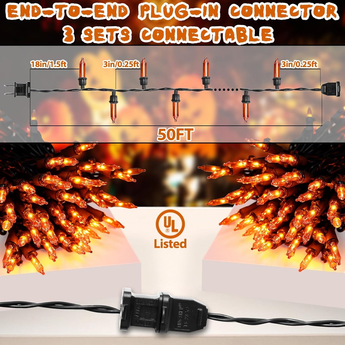 Halloween Lights Orange Lights, 50FT 200 Count Incandescent Connectable Fall Light, 120V UL Listed Waterproof Halloween Decorations for Autumn Indoor Outdoor Party Home Garden Yard Decor