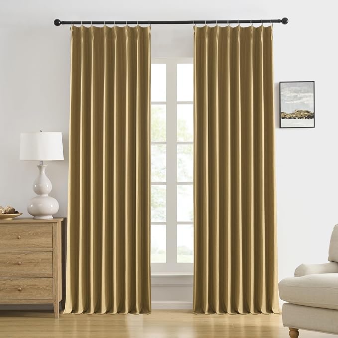 DUALIFE Gold Tan Pinch Pleated Blackout Curtains 105 Inches Long, Back Tab with Hooks, Linen Full Black Out Thermal Insulated Track Curtain for Bedroom Living Room,50 W x 105 L, 2 Panels