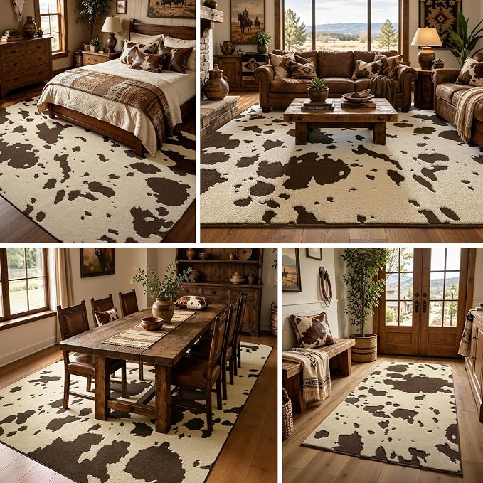 YIHOUSE Cowhide Entryway Rugs 3x5 Ft, Washable Plush Soft Brown and Cream Cow Rug, Non-Slip High-Low Pile Animal Small Area Carpet for Bedside, Living Room, Door Entrance, Home Decor