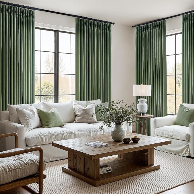Olive Green Pinch Pleated Linen Curtains 84 Inches Long 2 Panels for Living Room Bedroom Linen Pinch Pleat with Hooks Rings Back Tab Light Filtering Loden Moss Green Farmhouse Drapes 84 Inch Length
