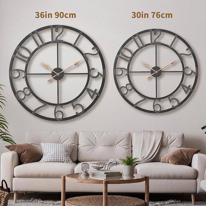36 Inch Extra Oversized Large Giant Modern Decorative Wall Clock,Vintage Industrial Farmhouse Black Metal Big Arabic Numerals Large Clocks for Living Room Decor,Entrance Fireplace,Dining Room