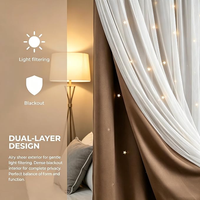 Star Cutout Blackout 95 Inches Curtains Double Layer with Sheer Overly Curtains for Bedroom Thermal Insulated Window Treatment Set with 2 Free Tiebacks (52W x 95L 2 Panels Coffe)