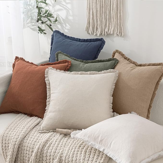 MIULEE Decorative Throw Pillow Covers Neutral Linen Fringe Throw Pillows Set of 2 Camel Boho Farmhouse Cushion Covers with Tassels for Couch Sofa Bed Living Room Spring Decor 18x18 Inch