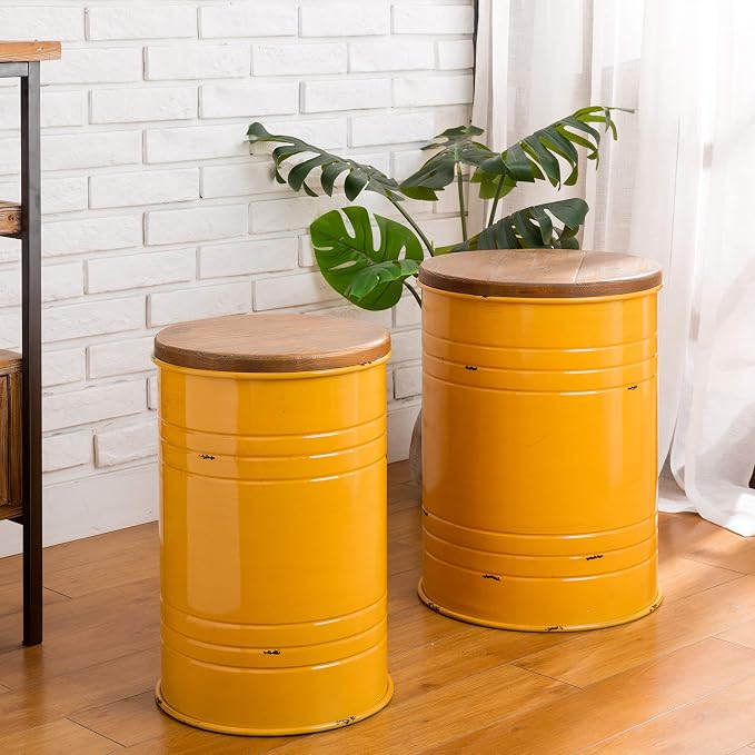 Glitzhome Rustic End Table Set of 2, Farmhouse Galvanized Metal Barrel Ottoman Storage Stool with Round Wood Lid for Living Room Furniture, Yellow
