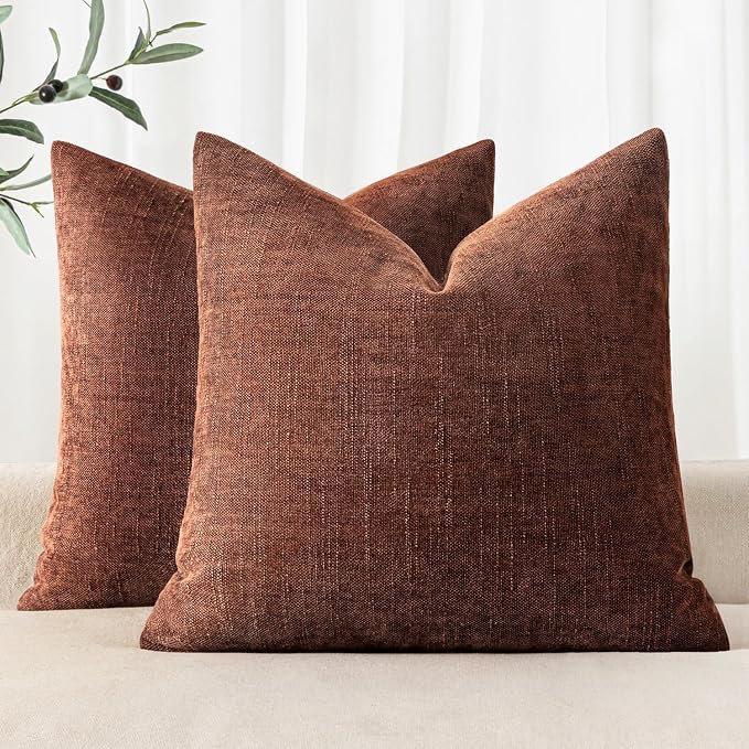 MIULEE Textured Couch Pillow Covers 18x18 Inch Pack of 2,Red Taupe Soft Thick Solid Decorative Chenille Throw Pillows Neutral Farmhouse Cushion Covers Modern Home Decor for Sofa Bedroom Living Room
