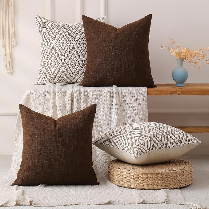 HPUK Throw Pillow Covers 18x18 Inch Set of 4, Linen Decorative Pillow Covers, Accent Cushion Covers for Couch Sofa Bed Bedroom Living Room Décor, Chocolate