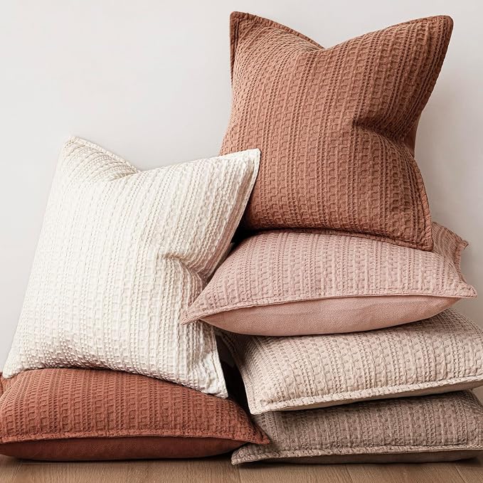 Foindtower Set of 2 Decorative Cotton Waffle Weave Lumbar Throw Pillow Covers Euro Shams Cushion Covers Accent European Pillowcase for Bed Couch Bedroom Living Room Home Decor 12×20 Inch Coral Pink