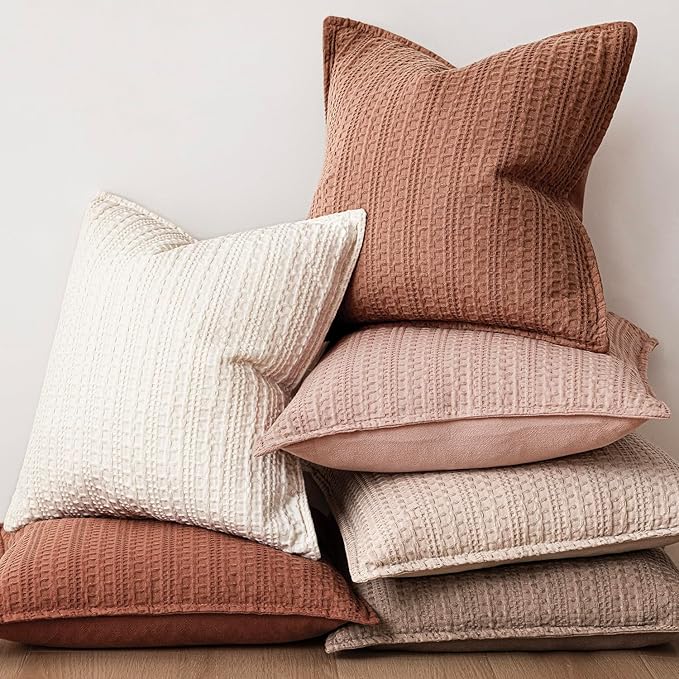 Foindtower Set of 2 Decorative Cotton Waffle Weave Throw Pillow Covers Euro Shams Cushion Covers Accent European Pillowcase for Bed Couch Sofa Bedroom Living Room Home Decor 24×24 Inch Coral Pink