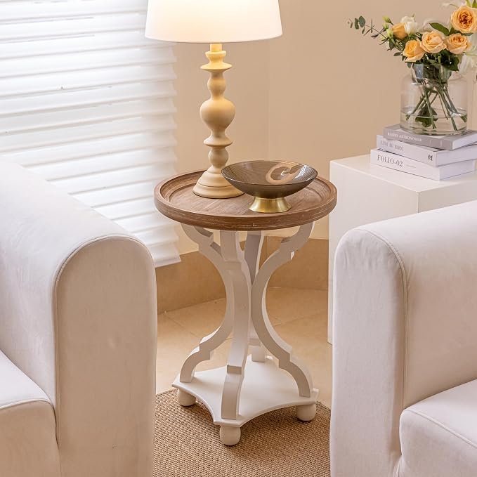 Set of 2 Rustic Farmhouse Cottagecore Accent End Table, Natural Tray Top Side Table Nightstand for Family, Dinning or Living Room, Handcrafted Finish, Modern, White (2 Pack)