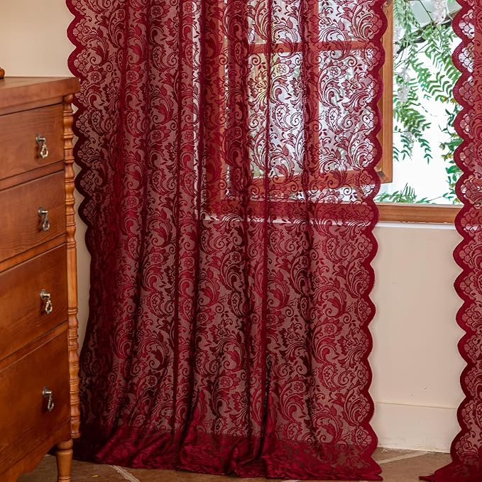 ALIGOGO Burgundy Lace Curtains 72 Inch Length, Retro Sheer Flower Maroon Sheer Curtains for Bedroom French Door, Luxury Light Filtering Rod Pocket Aesthetic Window Treatments, 52 W x 72 Inch, Wine Red