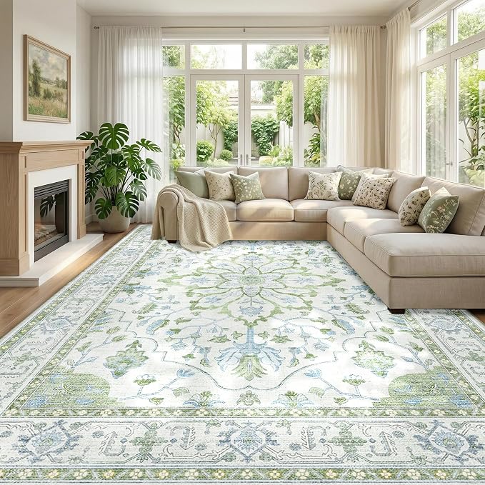RELEANY Area Rugs Large 9'x12' Washable Non-Slip, Floral Vintage Distress Medallion Carpet for Living Room Bedroom Dining Room, Green White Blue