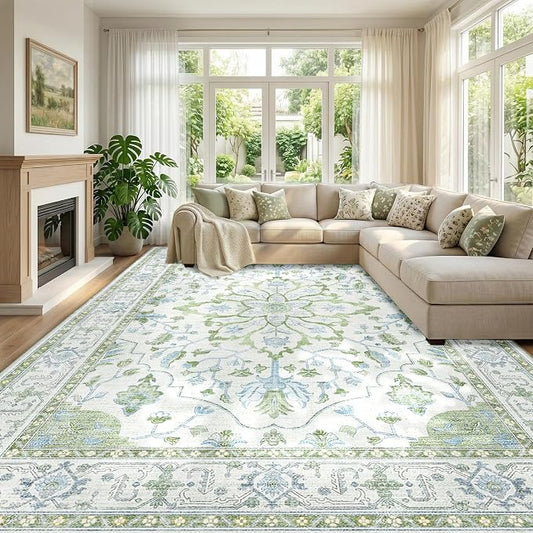 RELEANY Area Rugs Large 10'x14' Washable Non-Slip, Floral Vintage Distress Medallion Carpet for Living Room Bedroom Dining Room, Green White Blue