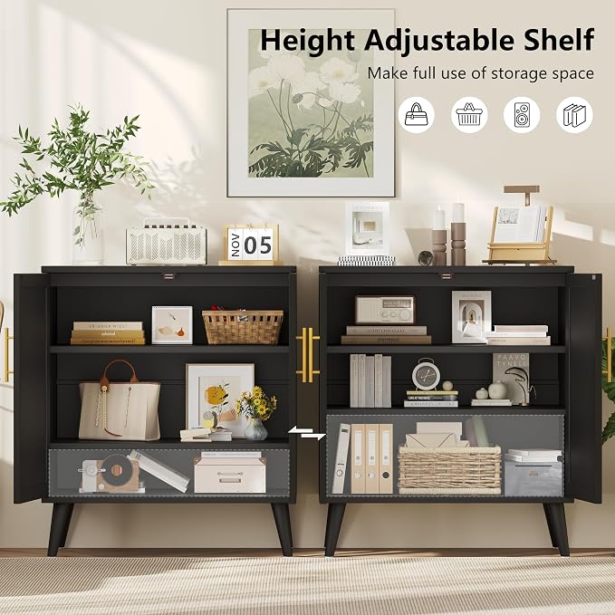 Keehusux 15.7" D Black Buffet Cabinet with Storage, Accent Buffet Sideboard with Adjustable Shelf and Solid Wood Legs, Modern Floor Storage Cabinet for Kitchen, Living Room, Black