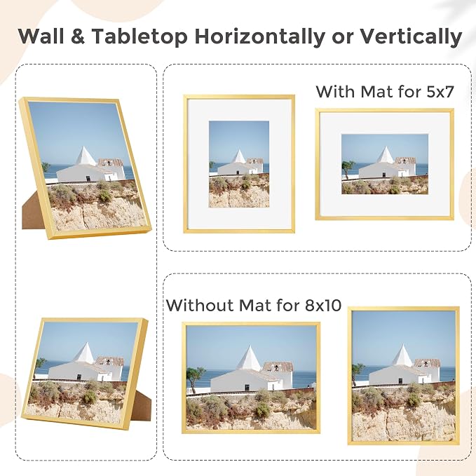 FLYJOE 8x10 Picture Frame - 8 by 10 Metal Picture Frame With Mat | 8 x 10 Aluminum Photo Frame | Plexiglass And Hanging Hardware Included | 8x10 Gold Frame | Set of 3, Gold