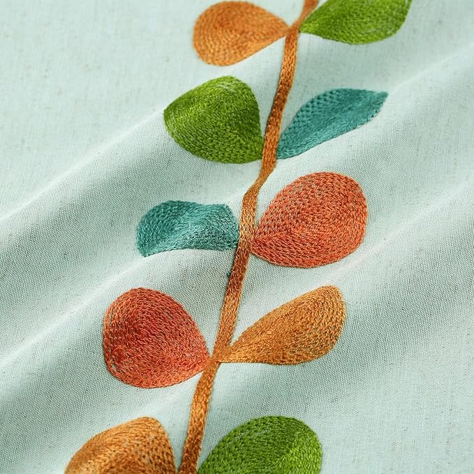 VOGOL 52x63 Light Filtering Curtains, Leaf Embroidered Grommet Panels for Living Room Bedroom, Farmhouse Window Treatments, Blue, 2 Panels
