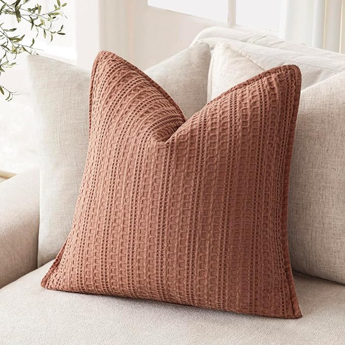 Foindtower Set of 2 Decorative Cotton Waffle Weave Throw Pillow Covers Euro Shams Cushion Covers Accent European Pillowcase for Bed Couch Sofa Bedroom Living Room Home Decor 26×26 Inch Coral Pink