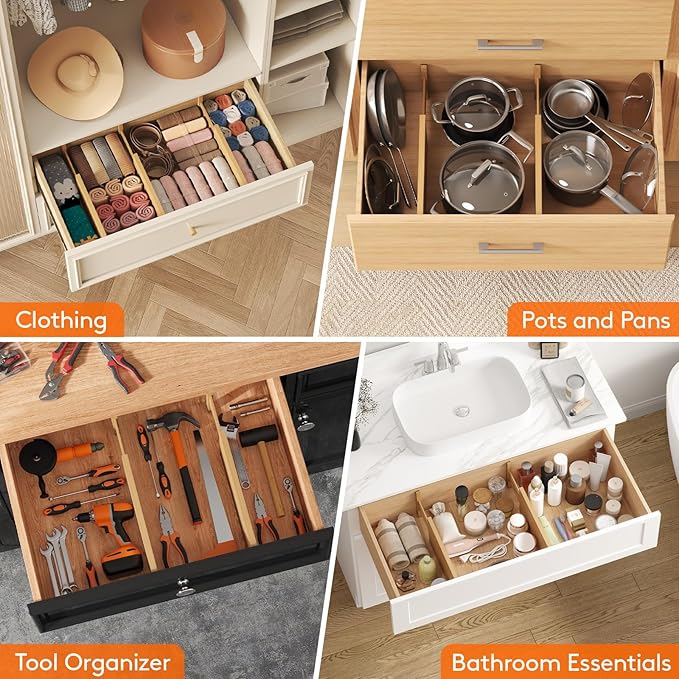 Lifewit 5" High 8 Pack Bamboo Drawer Dividers 33-42cm/13-16.5" Adjustable Wooden Drawer Organizer for Clothes/Utensils, Expandable Drawer Separator for Dresser/Kitchen/Bedroom/Office Organization