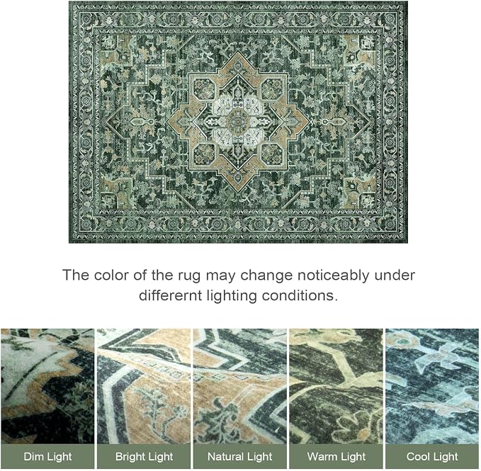 Lofus 5x7 Washable Rugs Non-Slip, Vintage Floral Area Rug for Living Room Bedroom Dining Room Kitchen, Low Pile Distress Print Carpet Home Decor Rug, Octagram Medallion Green