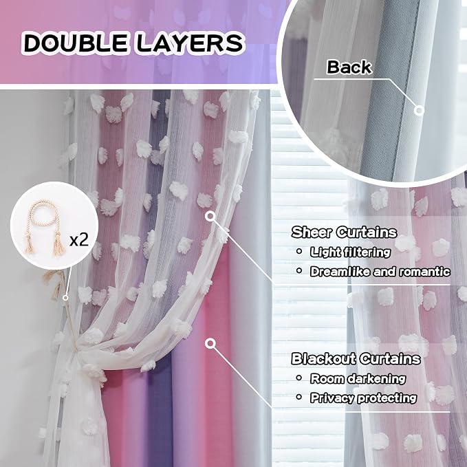 MYSKY HOME Pink Curtains 95 Inch Purple Curtains for Toddler Bedroom White Sheer Pom Pom Double Layer Blackout Curtains for Kids Grommet Room Darkening Curtains for Sliding Door 2 Panels 52 x 95 in