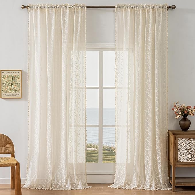 WAZZIO Boho Lace Curtains 2 Panels 90 Inches -Cute Vintage Victorian Sheer Panel Drape French Country Floral Pattern & Tassel Light Filtering Privacy for Bedroom Dining Living Room,Beige,W52x L90