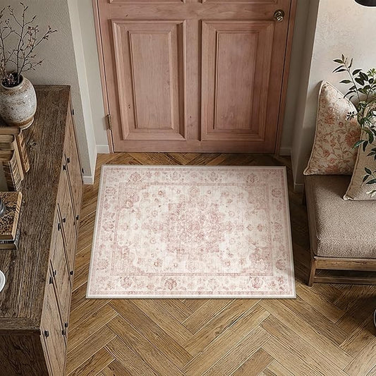 2x3 Washable Neutral Area Rug Pink Vintage Entryway Kitchen Carpet Non-Slip Soft Low Pile Farmhouse Indoor Small Throw Rug for Bedroom Bathroom Entrance