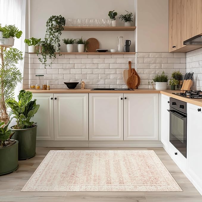 BILEEHOME Vintage Pink Rug 3x5 Washable Non Slip Floral Aesthetic Indoor Rugs for Entryway Kitchen Low Pile Carpet for Laundry Room Bathroom Front Door Mat for Entrance 3 x 5
