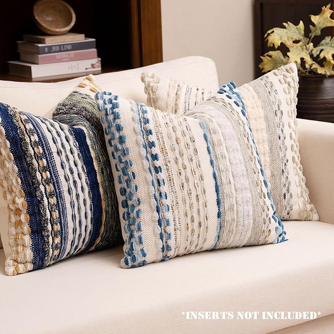 Boho Chenille Tufted Throw Pillow Covers 18x18 Inch Set of 2 Farmhouse Grey Blue Woven Striped Decorative Pillowcases for Couch Sofa Bed