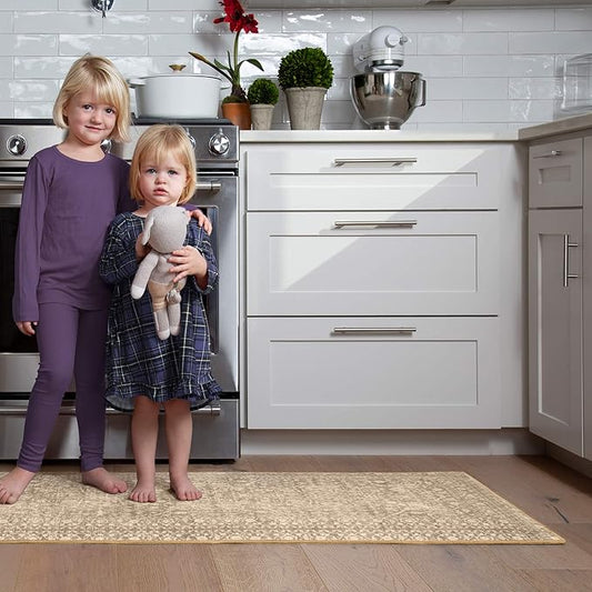 GelPro Nevermove Artisan Machine-Washable Chenille Textured Rug with GellyGrippers, 24" x 76" Kitchen, Khaki