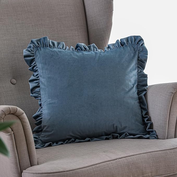 ISAENNE Classic Port Gray Square Throw Pillow Covers 18"x18" Set of 2, Solid Color Farmhouse Velvet Decoration Pillow Cover with Ruffles,Throw Pillow Case for Couch Sofa Bed Living Room Car