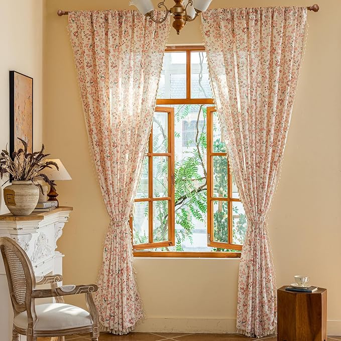 OYX Boho Floral Curtains with Tassels, Light Filtering Linen Curtains, Rod Pocket Farmhouse Flower Print Window Drapes for Bedroom Living Room, 2 Panels, 52’’W X84’’L