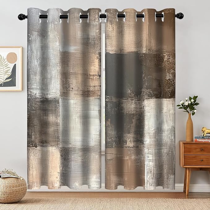Brown Grey Blackout Curtain, Rustic Gray Abstract Window Drapes for Living Room Bedroom Decor Room Darkening Window Curtains Treatments, 2 Panels 52x84 Inch