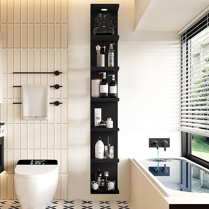 LitaEther Versatile 7 Tier Wall Shelf Unit,Black Lack Wall Shelf,Display Floating Shelf with LED Remote Control Light