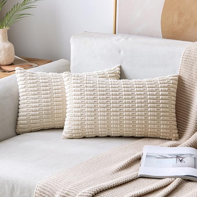 MIULEE Pack of 2 Corduroy Decorative Lumbar Throw Pillow Covers 24x14 Inch Soft Boho Striped Pillow Covers Modern Farmhouse Home Decor for Sofa Living Room Couch Bed Cream White