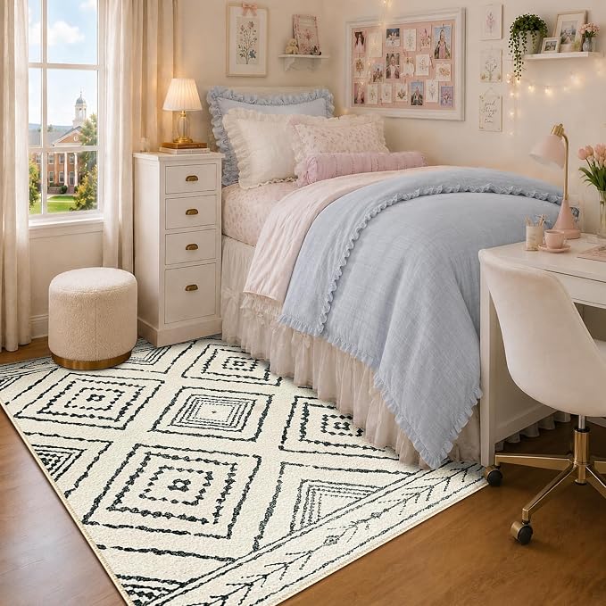 BESTSWEETIE Area Rug 5x7 Rug Machine Washable Non-Slip Low Pile Print Pattern Western Rug for Living Room Bedroom Entryway Tribal Series -Navywhite/Black
