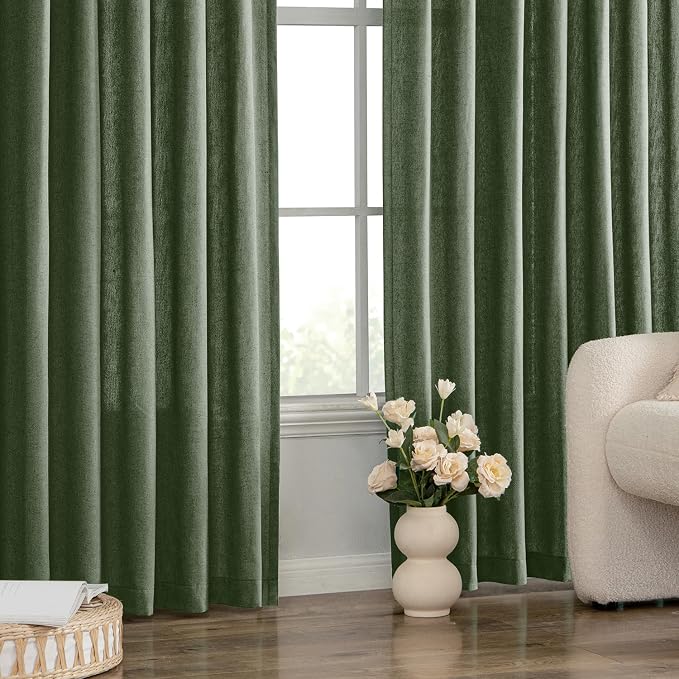 MIULEE Non-See-Through Privacy Linen Curtains 2 Panels, Olive Green Light Filtering Window Curtains Farmhouse Textured Back Tab Semi Sheer Drapes for Bedroom Living Room 96 Inches Long Dark Green