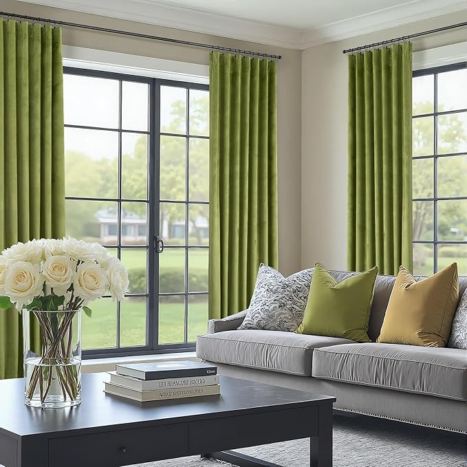 Moss Green Velvet Curtains 72 Inch Length for Dining Room 2 Panels Back Tab Rod Pocket Super Soft Thick Room Darkening Curtain for Kids Nursery Girls Bedroom Victorian Lime Green Sage Olive 52x72 Long