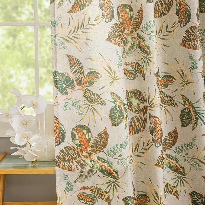 ALIGOGO Linen Botanical Curtains - 96" Long for Living Room - Tropical Leaves Pattern - Semi-Sheer - Cottage Core - Privacy Protect - French Country - Moody - 50" W x 96" L