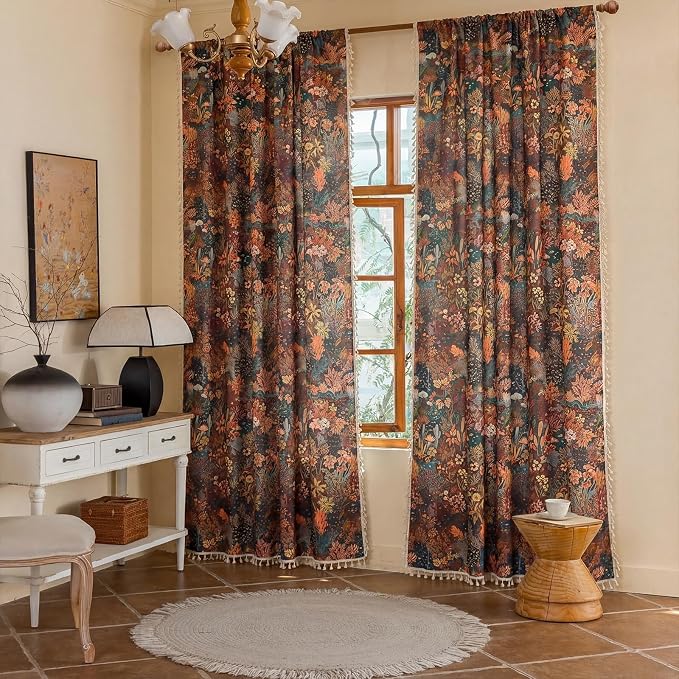 OYX Boho Floral Curtains 63 Inch, Linen Farmhouse Flower Drapes with Lace & Tassels, Light Filtering Semi Sheer Curtains for Living Room Bedroom, 2 Panels
