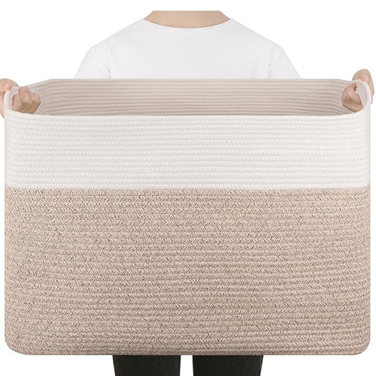 96L XL Large Cotton Rope Basket, Soft Toy Storage Bin for Nursery & Living Room, Decorative Blanket Basket for Bedroom, Baby-Safe Organizer for Pillows &Laundry, 24''×16''×15'', Brown & White