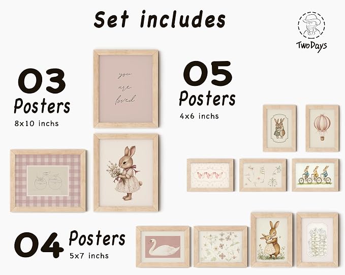 TwoDays Vintage Nursery Decor for Baby Girls, Pink Rabbit Bunny Wall Art for Toddler Kids Playroom, Swan Animals Posters for Bedroom (Multi Sizes, Set of 12, 8 × 10 Largest, Wooden Framed)