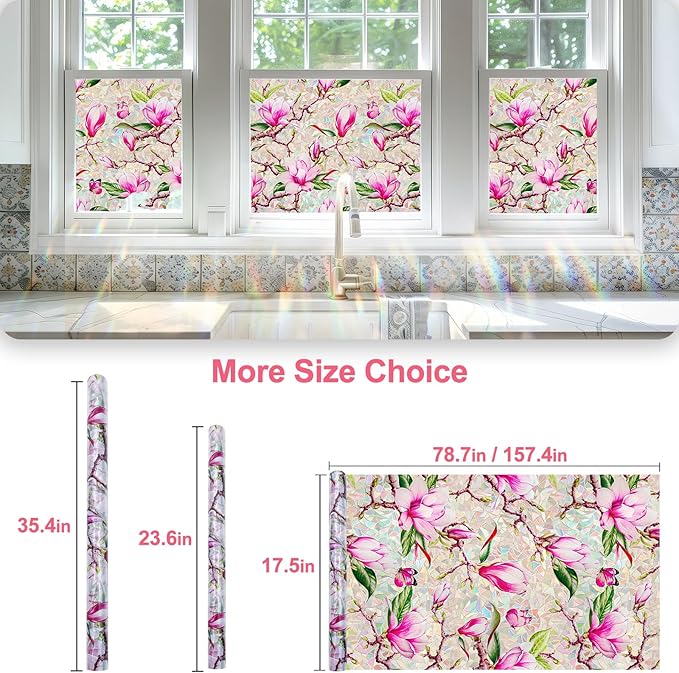 Window Privacy Film Stain Glass Window Film Rainbow Window Film Window clings Non-Adhesive Reusable Decorative for Room (Rainbow Magnolia, 17.5 X 78.7 in)