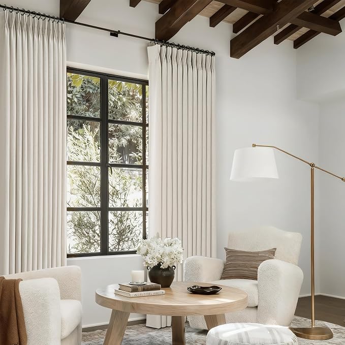 Beige Linen Curtains 132 inch Length 2 Panels for Living Room Light Filtering Semi Sheer Pinch Pleat Curtain Memory Trained Boho FarmhouseNeutral Earthy Thick Flax Linen Drapes 132 inch Long Apricot